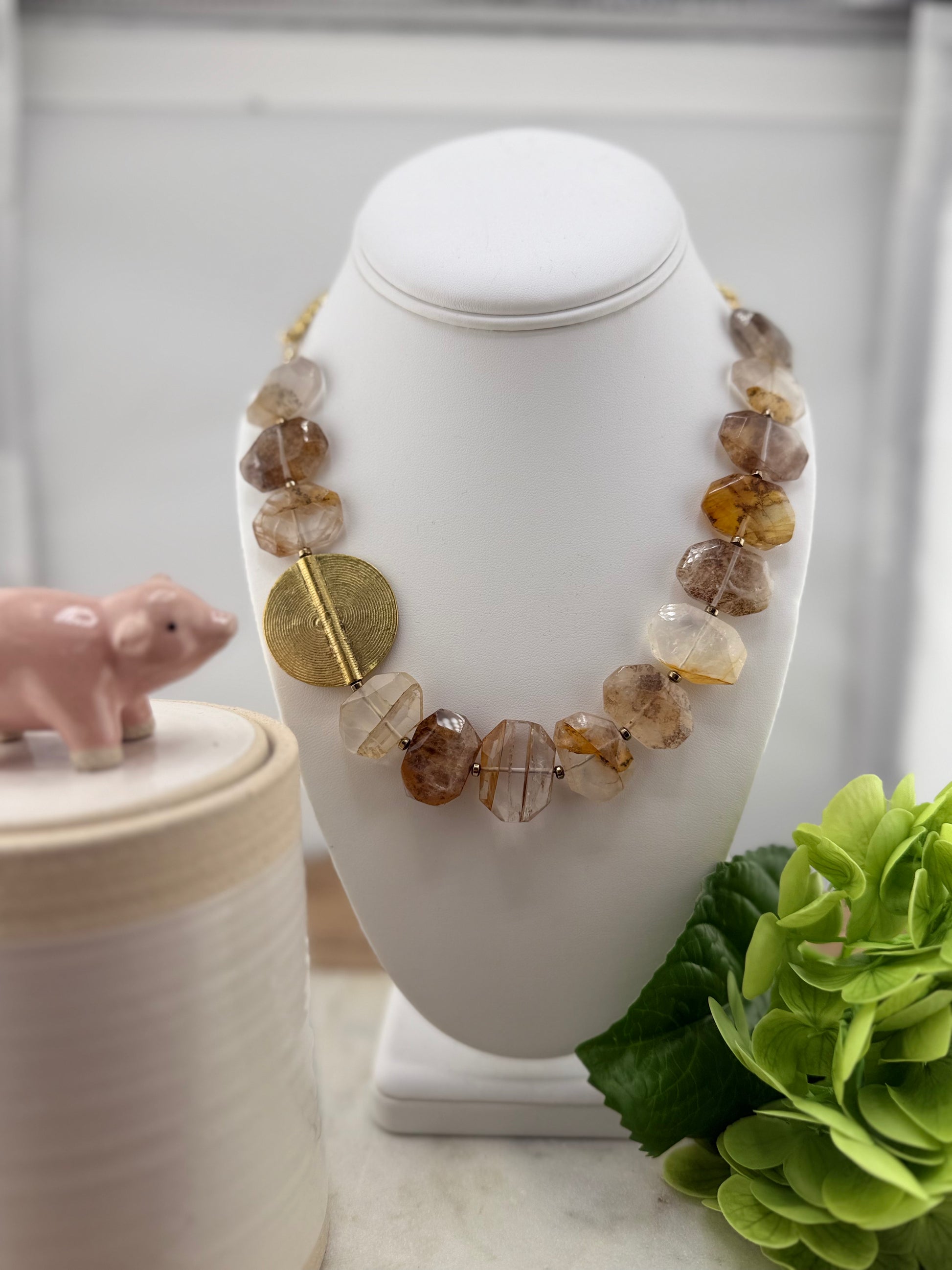 RN Golden Dendritic Quartz & Brass Statement Chain Necklace