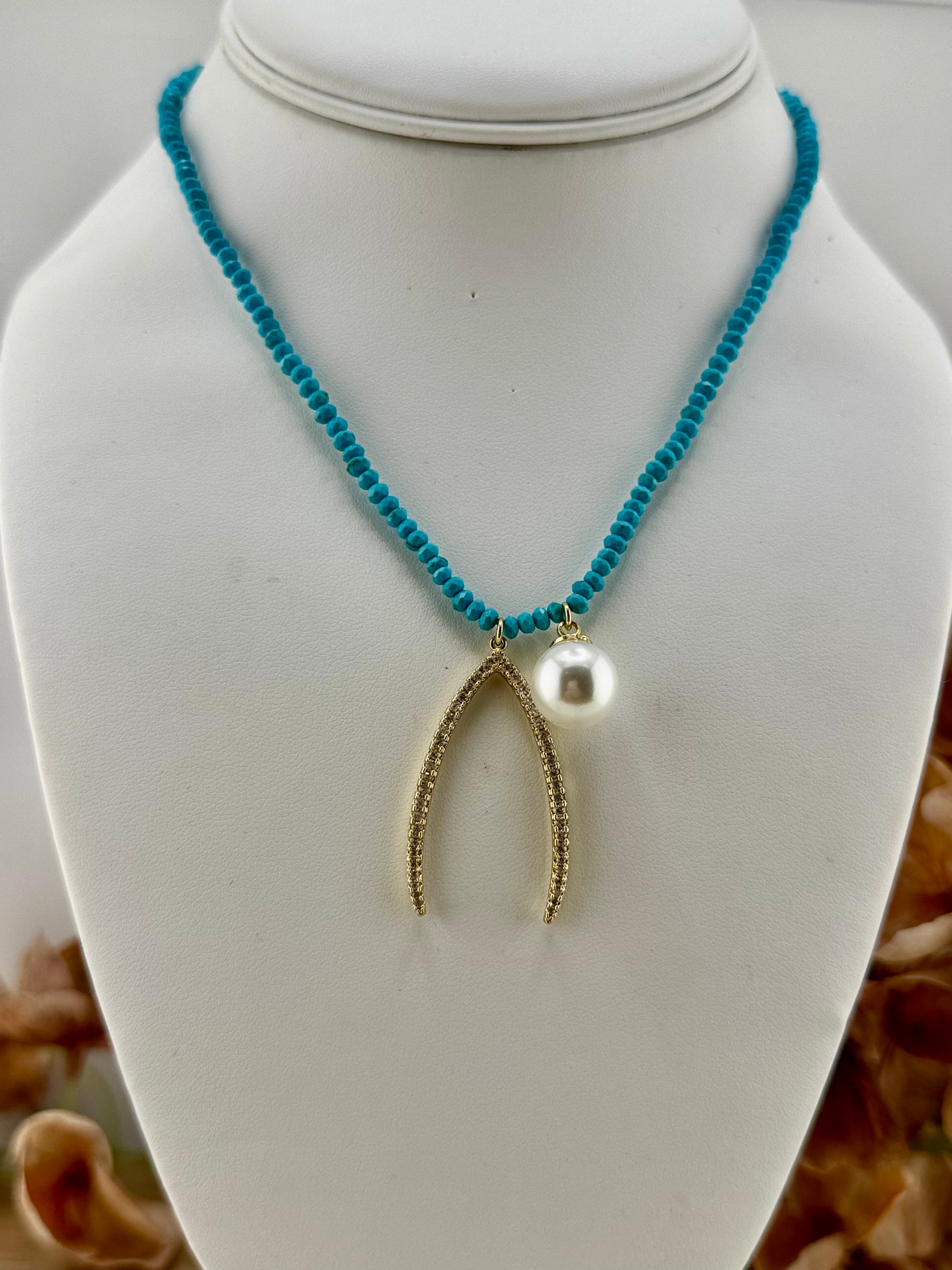 MS Gold Plated/Turquoise Necklace w/Wishbone