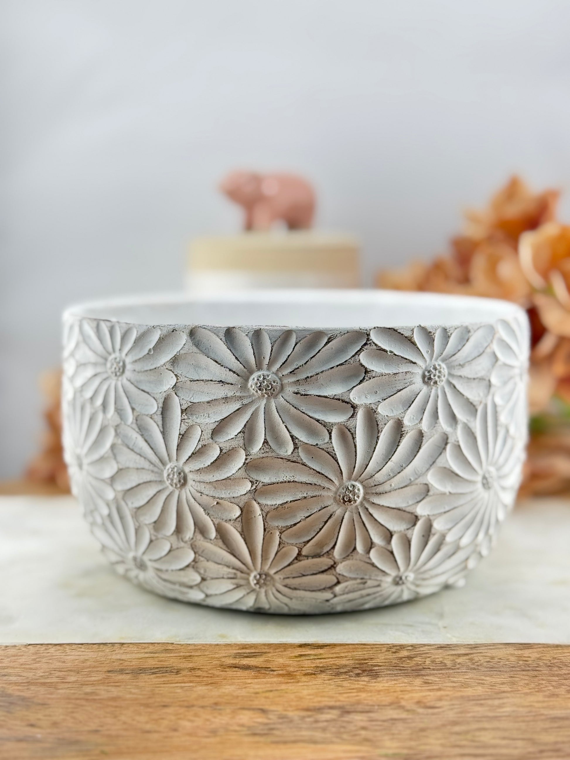 AB Sm White Daisy Low Planter #