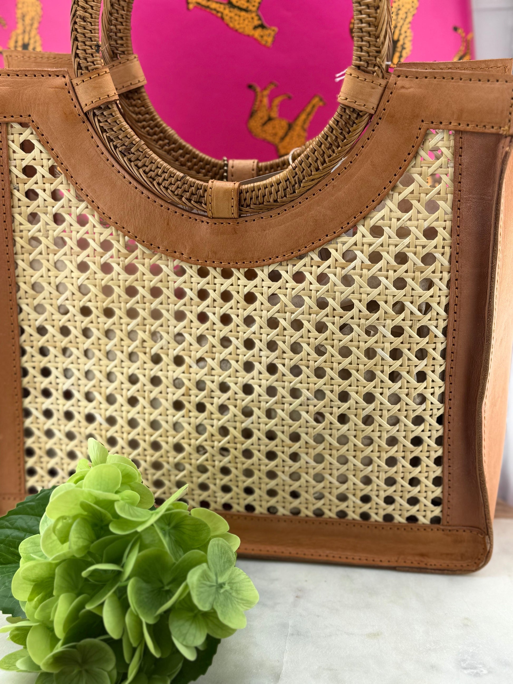 WR Rattan Cane Weave Handbag w/ Round Handle- Brown