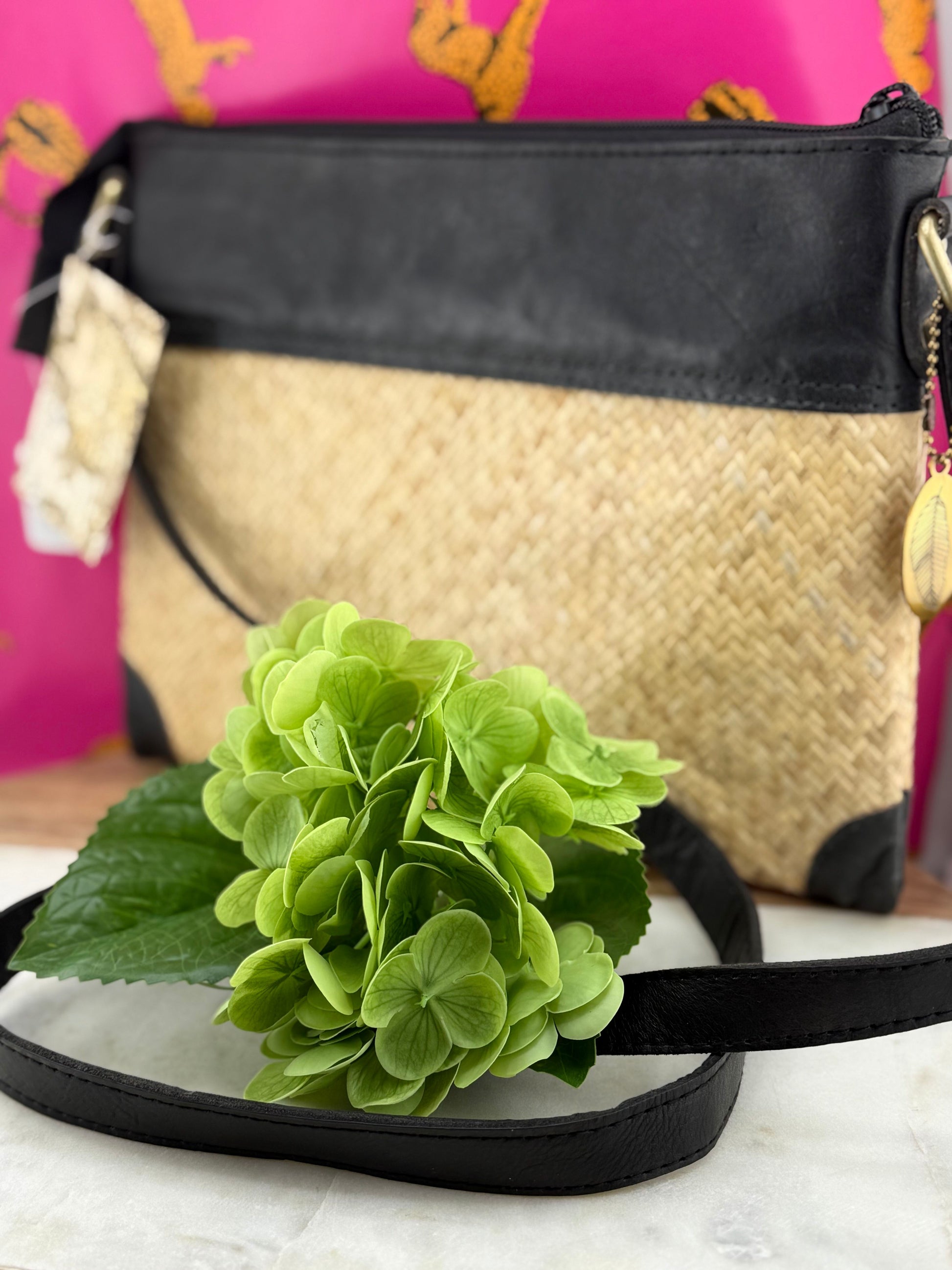 WR Rattan Crossbody w/ Dark Leather Trim