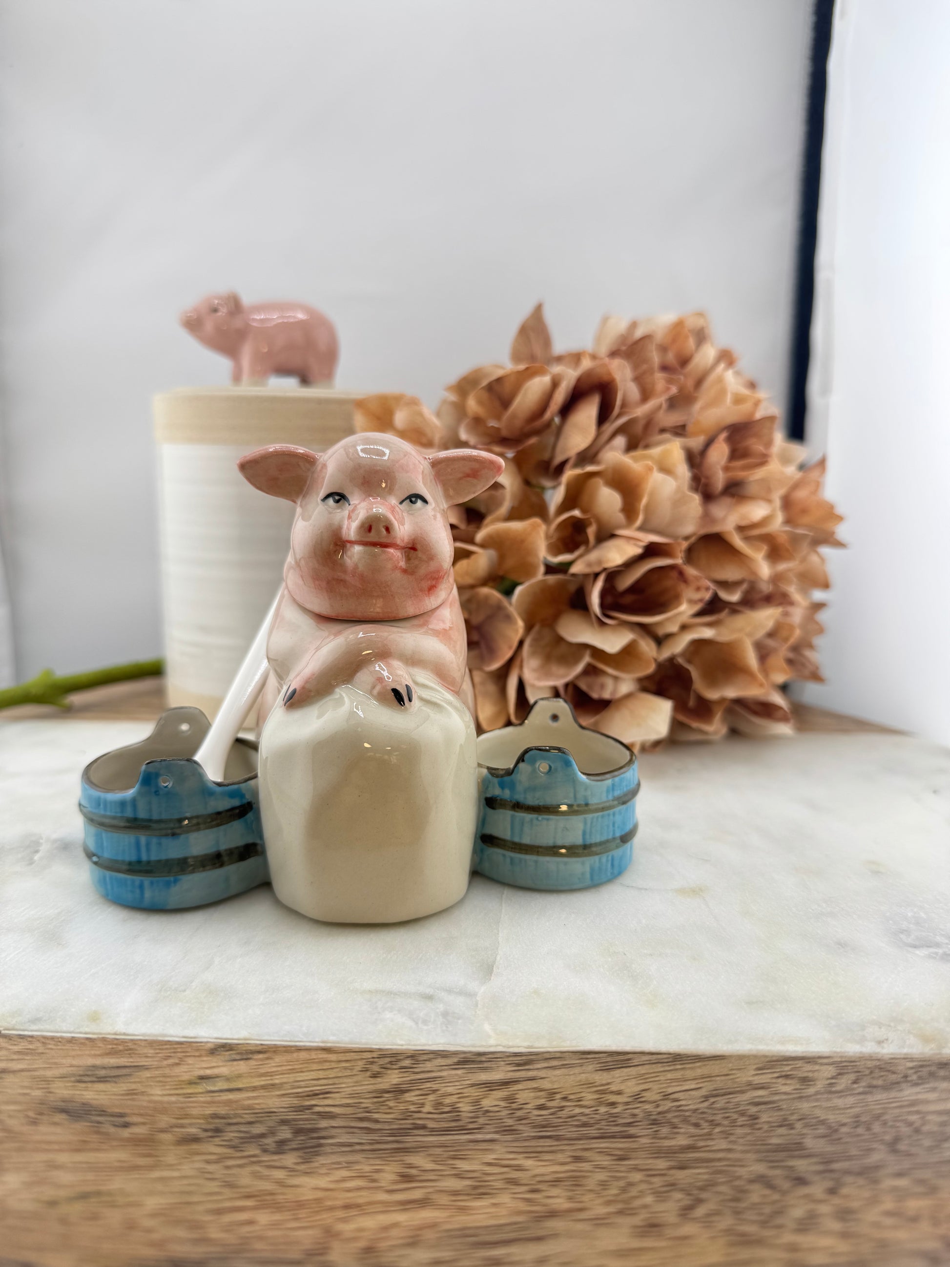 Pig Shaped Stoneware Mustard Pot W/Spoon