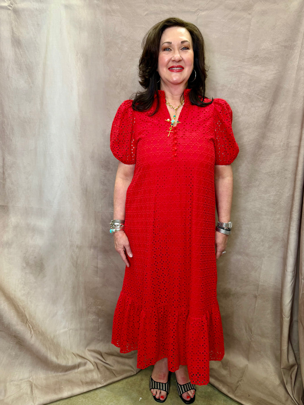 EN Red Eyelet Midi Dress