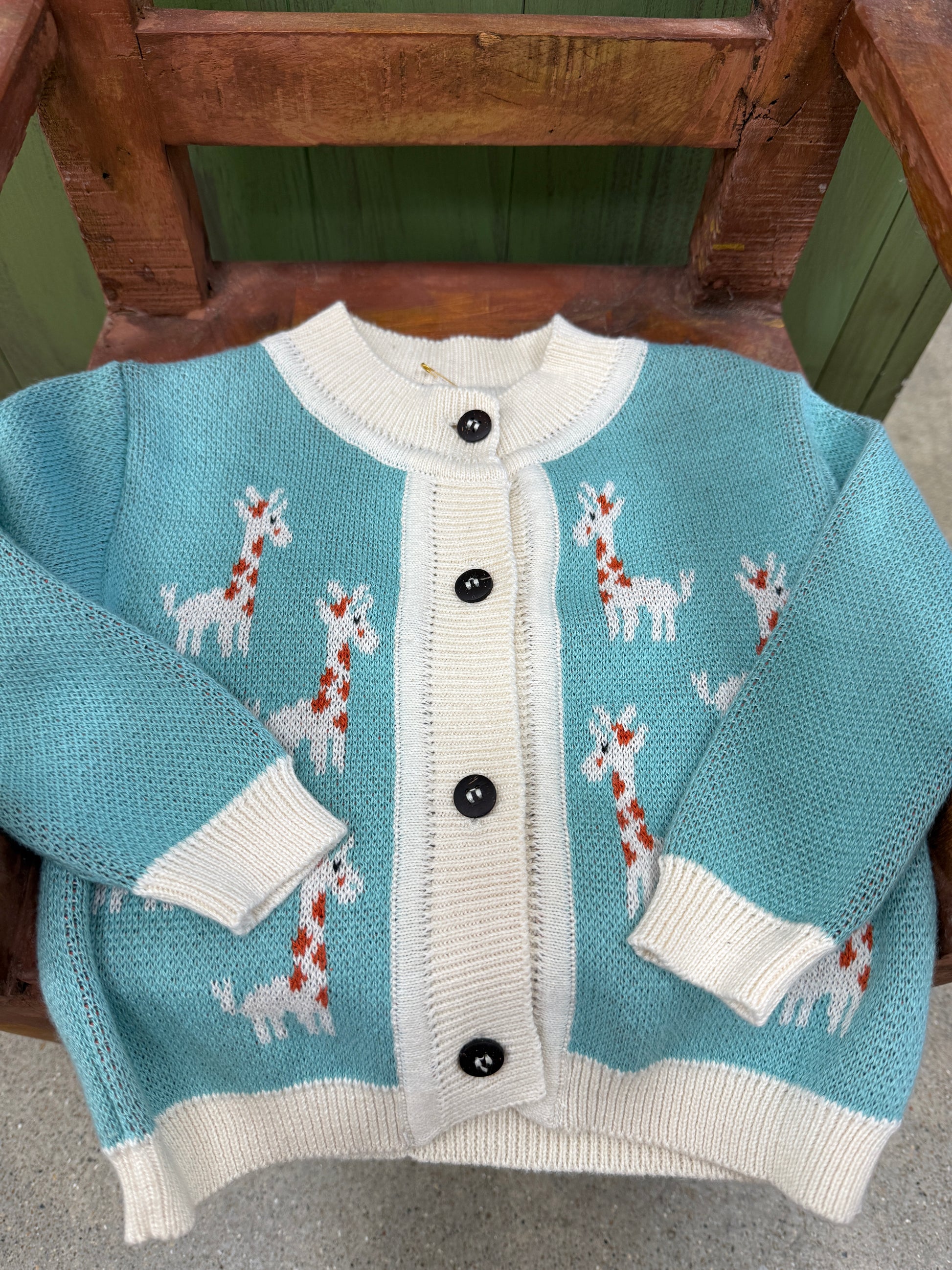 CC Knit Baby Cardigan w/ Wood Buttons & Giraffes