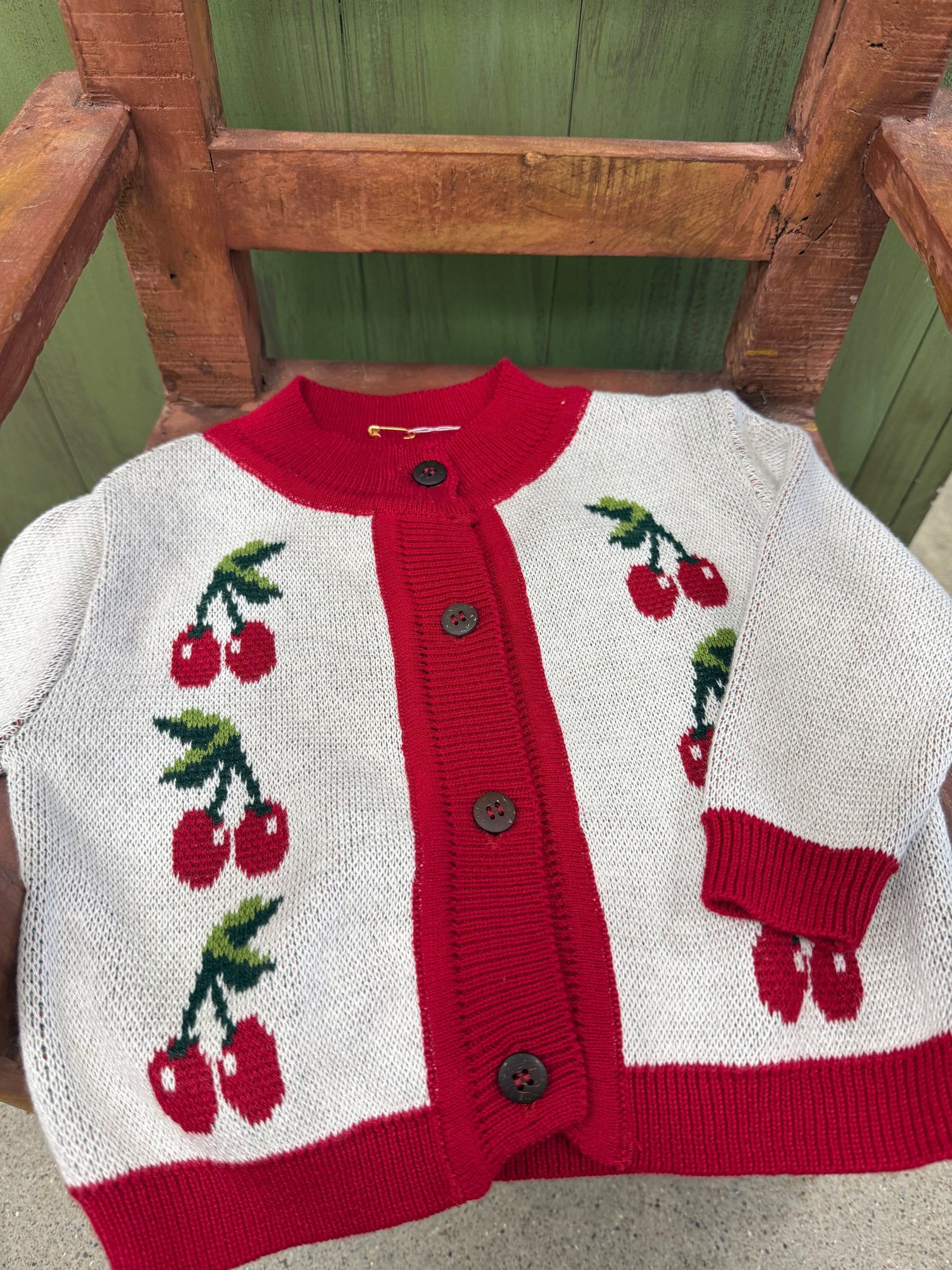 CC Knit Baby Cardigan w/ Wood Buttons & Cherries