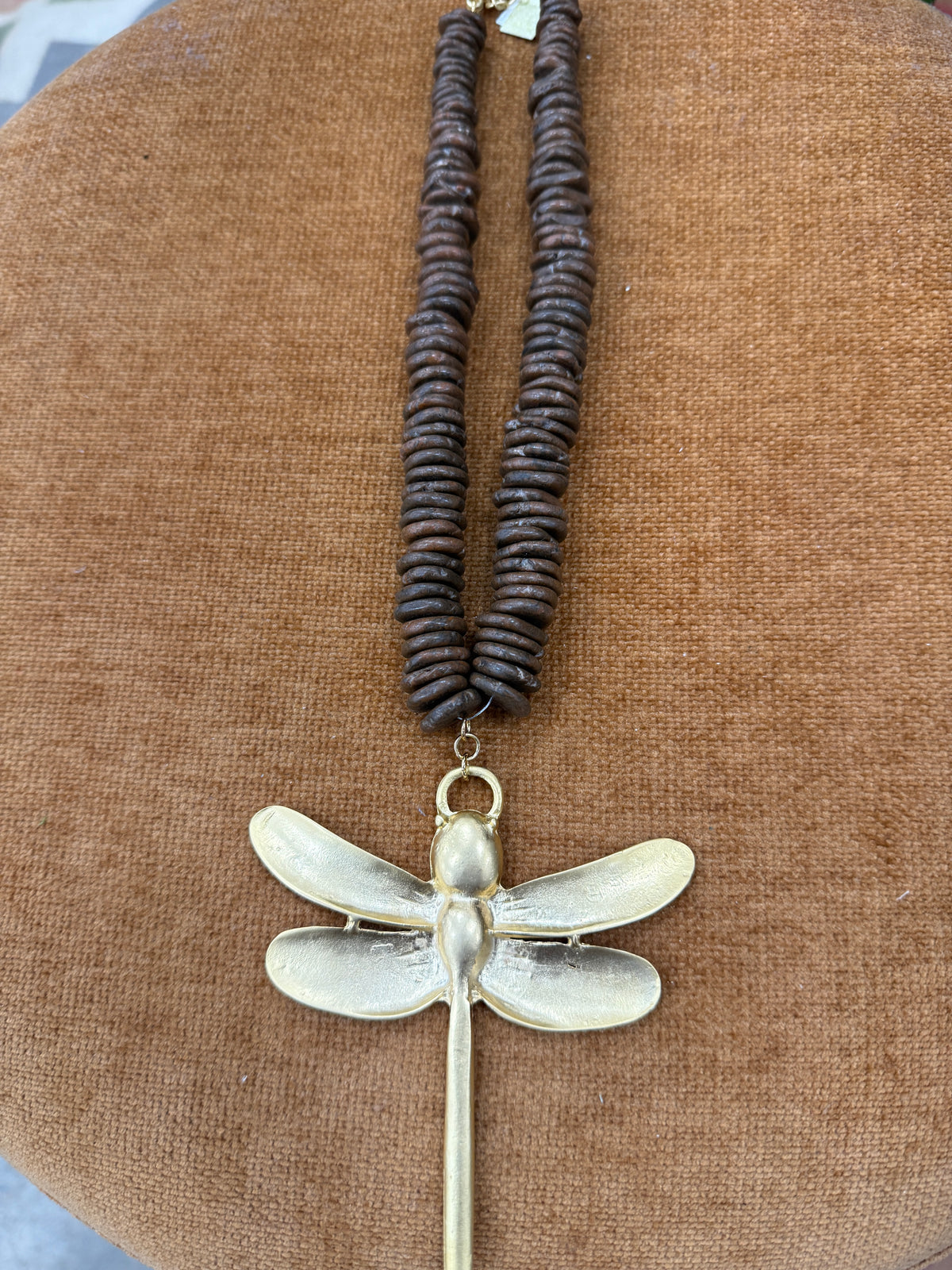 VIRTUE Dragonfly On Gemstone Heishi Necklace