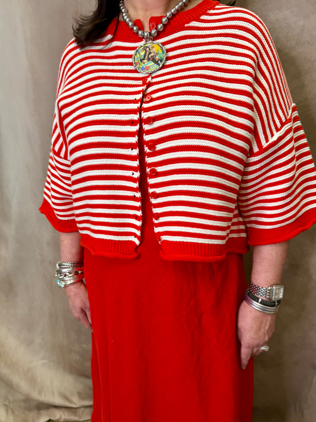 PL Thin Stripe Button Up Half Sleeve Cardigan- Red/ Off White