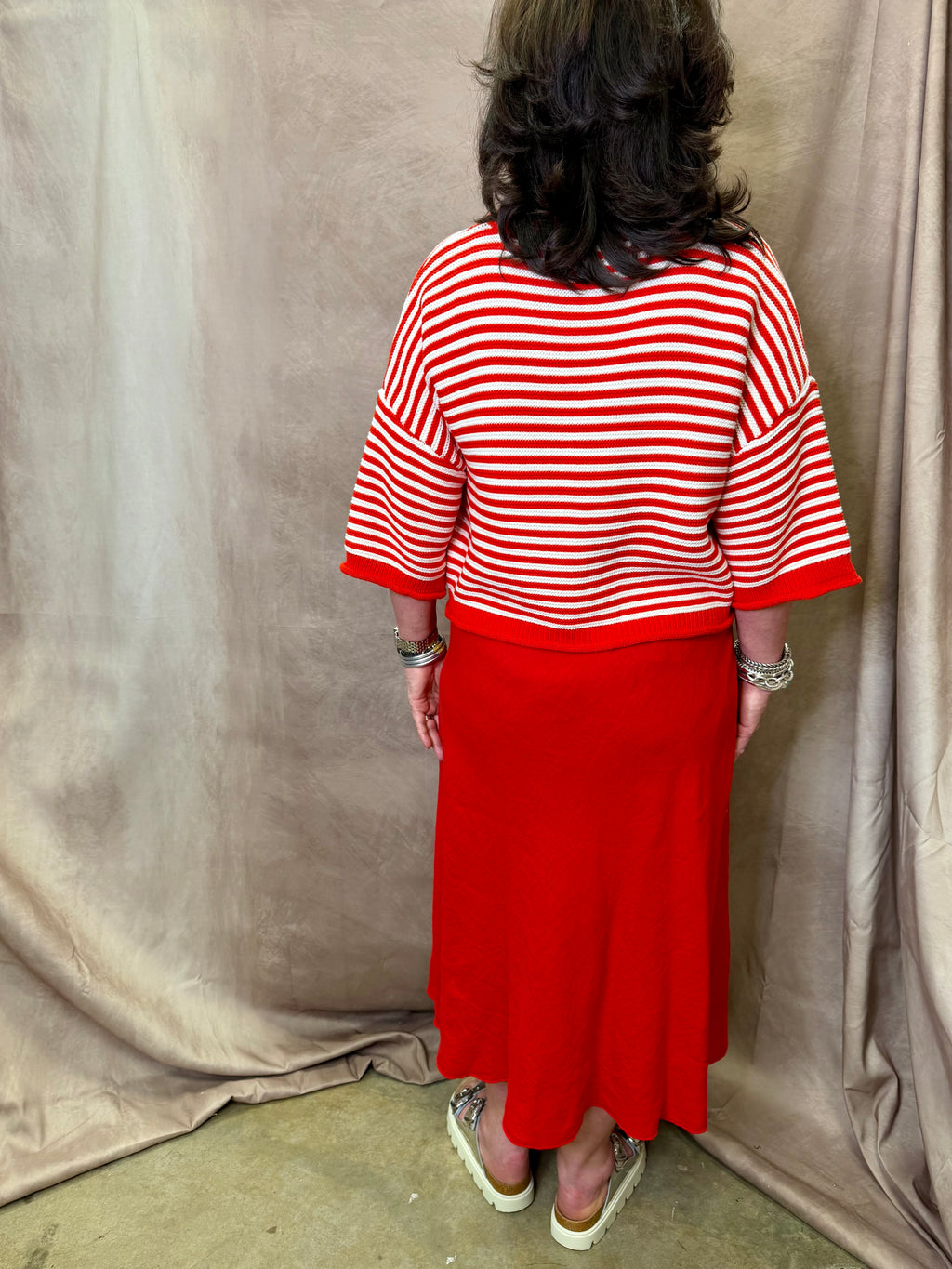 PL Thin Stripe Button Up Half Sleeve Cardigan- Red/ Off White