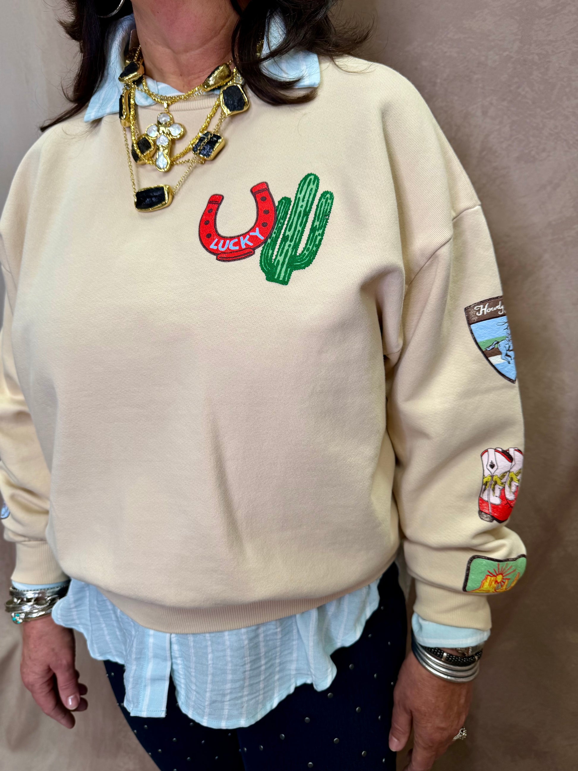 DD Western Patches Oversized Crew Sweatshirt- Sand Color
