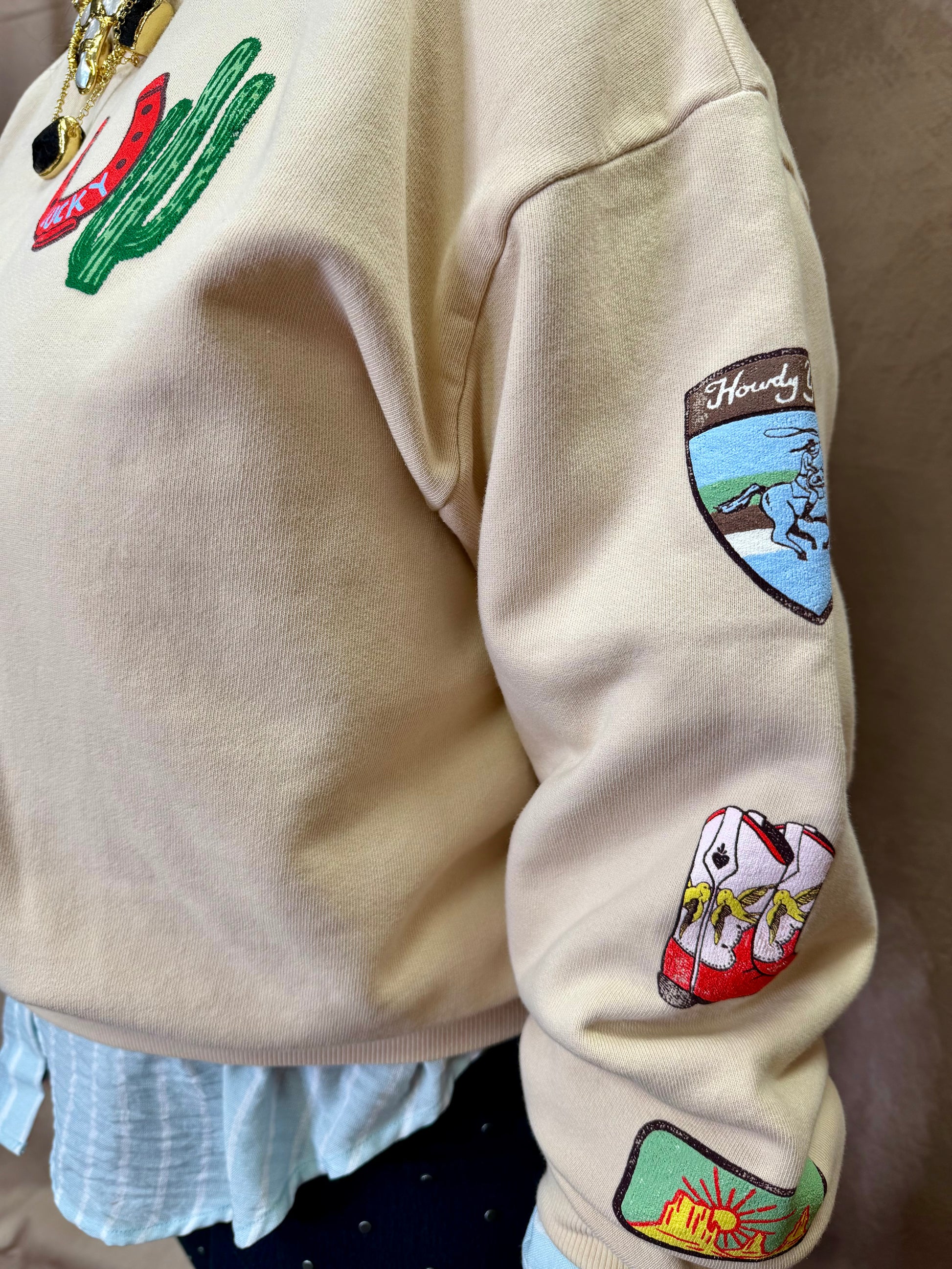 DD Western Patches Oversized Crew Sweatshirt- Sand Color