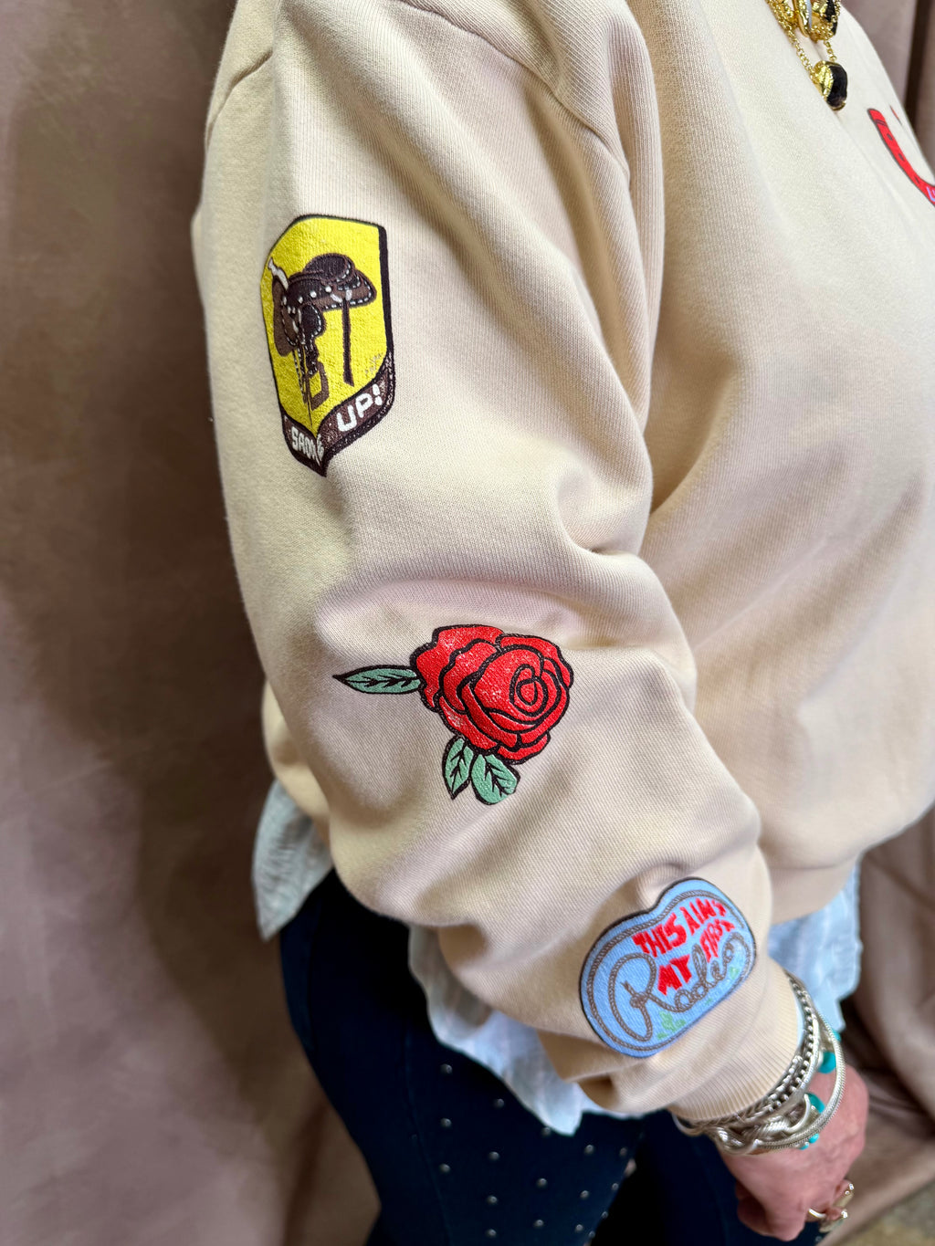 DD Western Patches Oversized Crew Sweatshirt- Sand Color