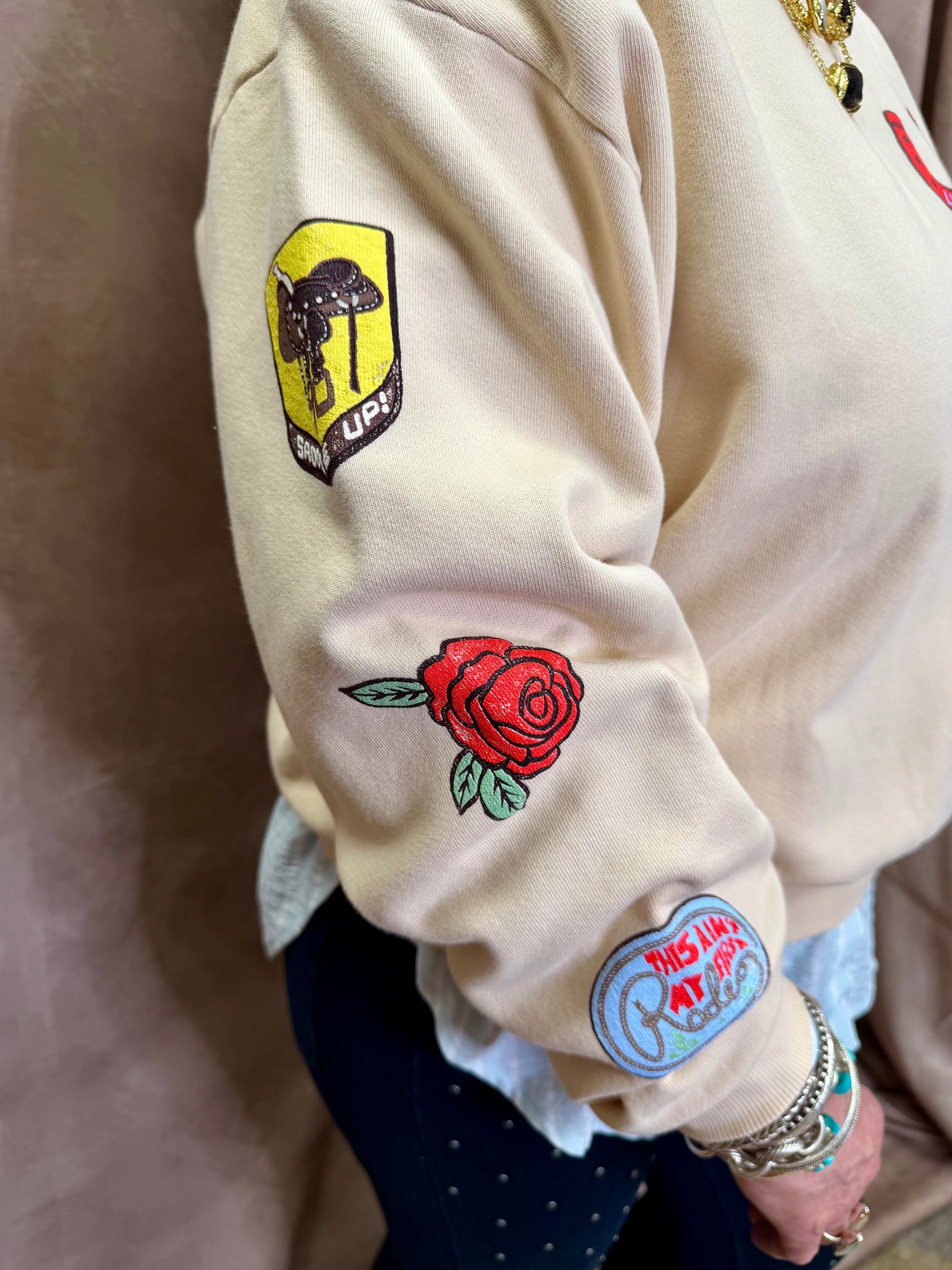 DD Western Patches Oversized Crew Sweatshirt- Sand Color