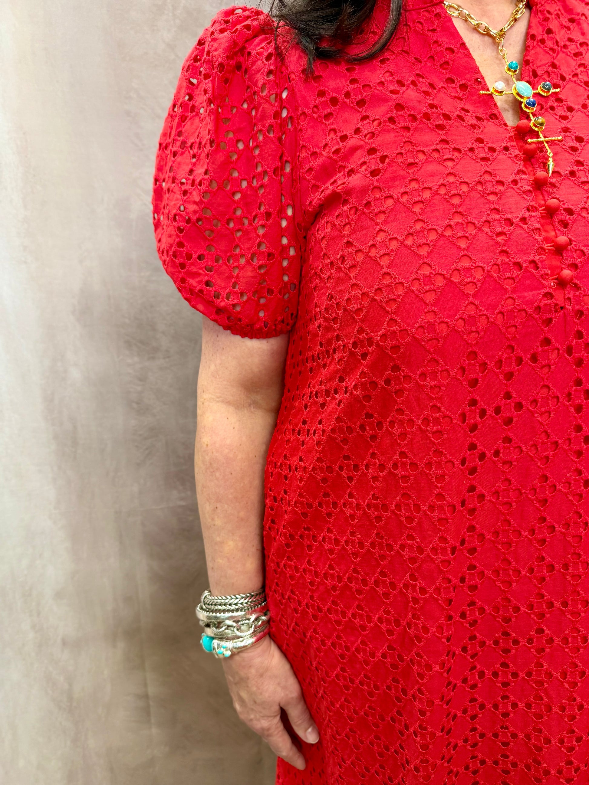 EN Red Eyelet Midi Dress