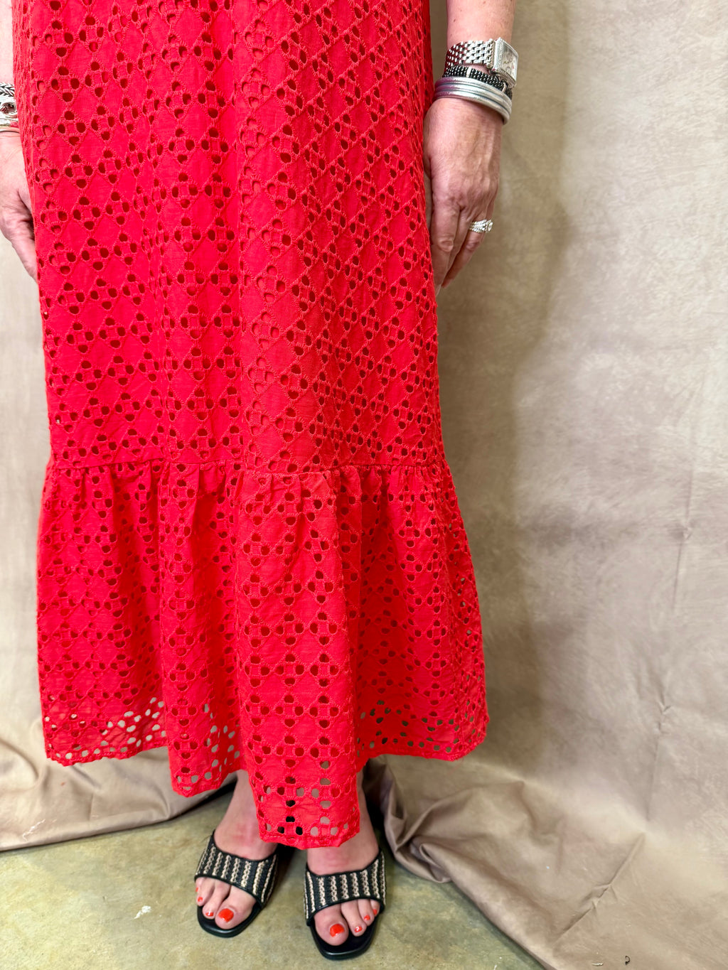 EN Red Eyelet Midi Dress