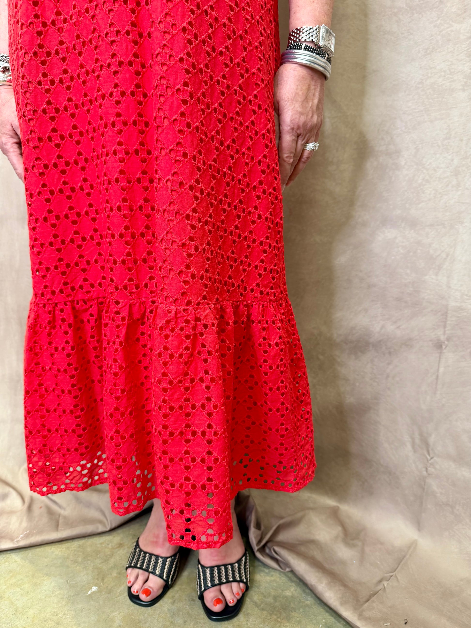 EN Red Eyelet Midi Dress