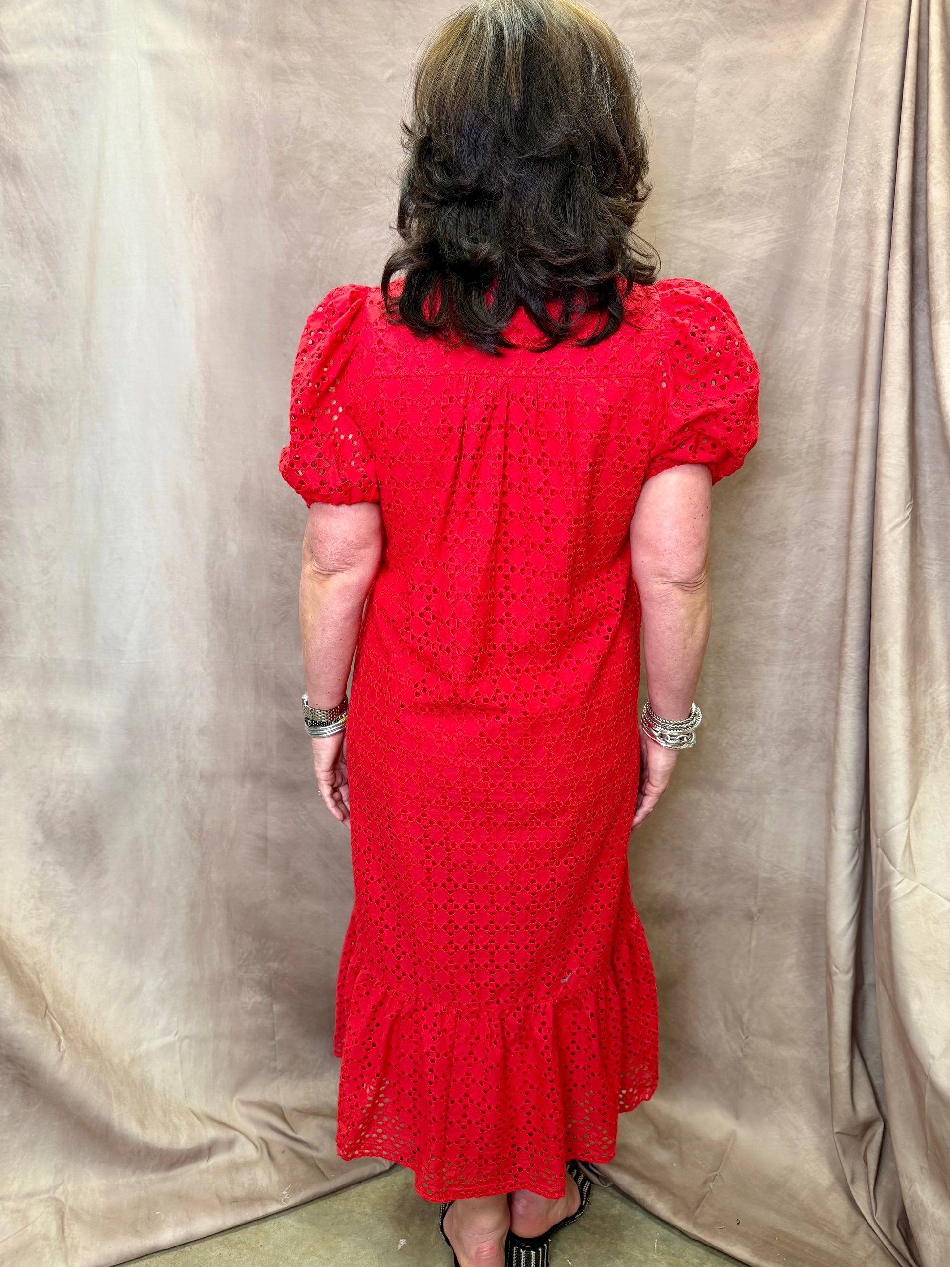EN Red Eyelet Midi Dress