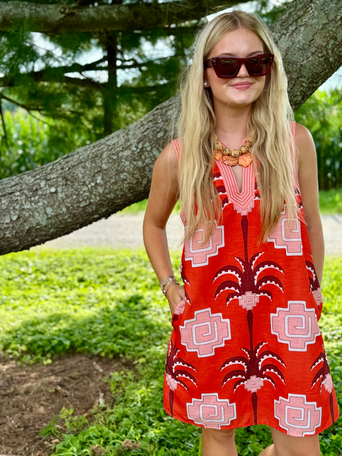 EN Sleeveless Mini Dress W/Palm & Geometric Print