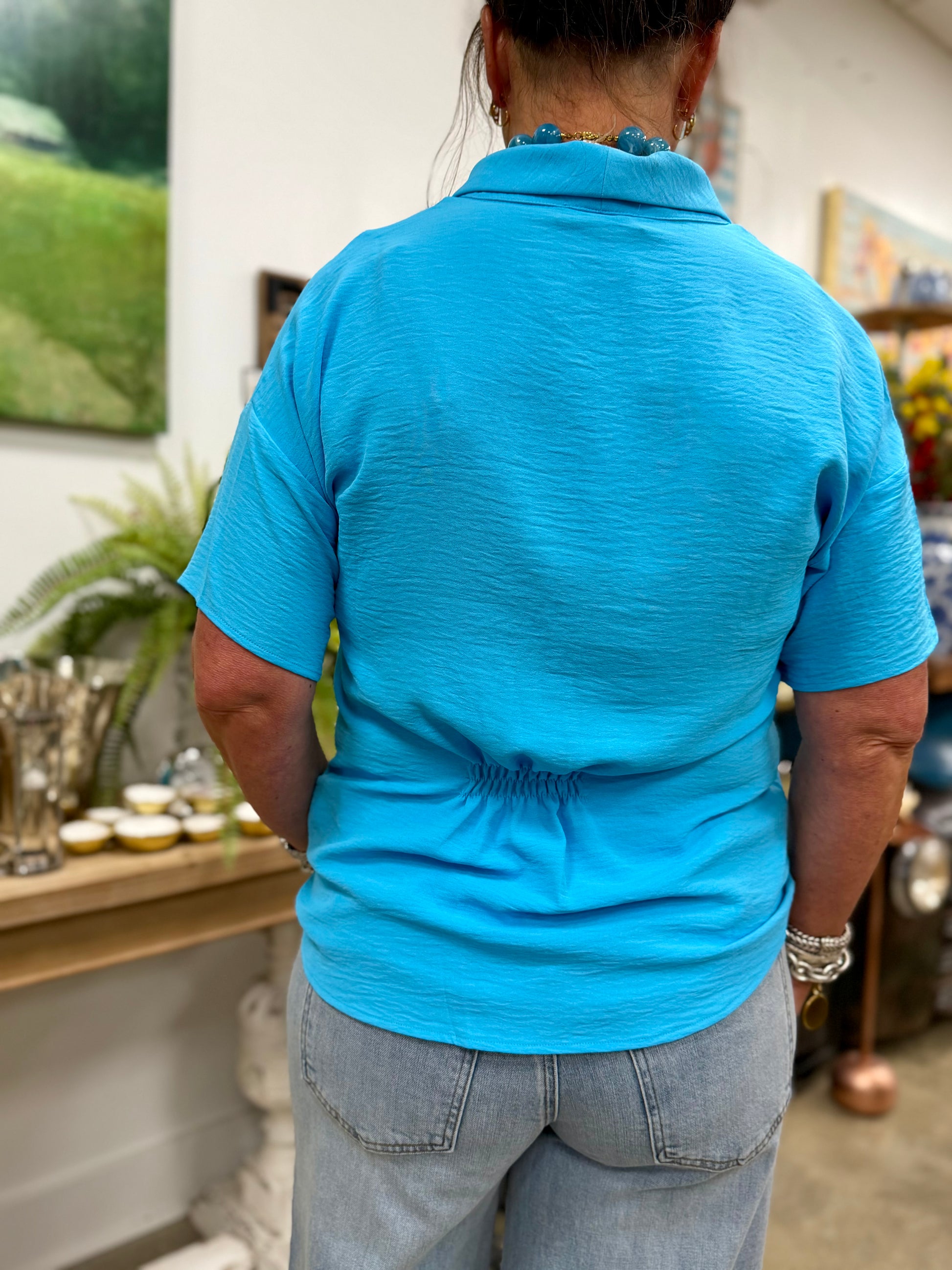 RE V Neck Woven Blouse- Ocean Blue