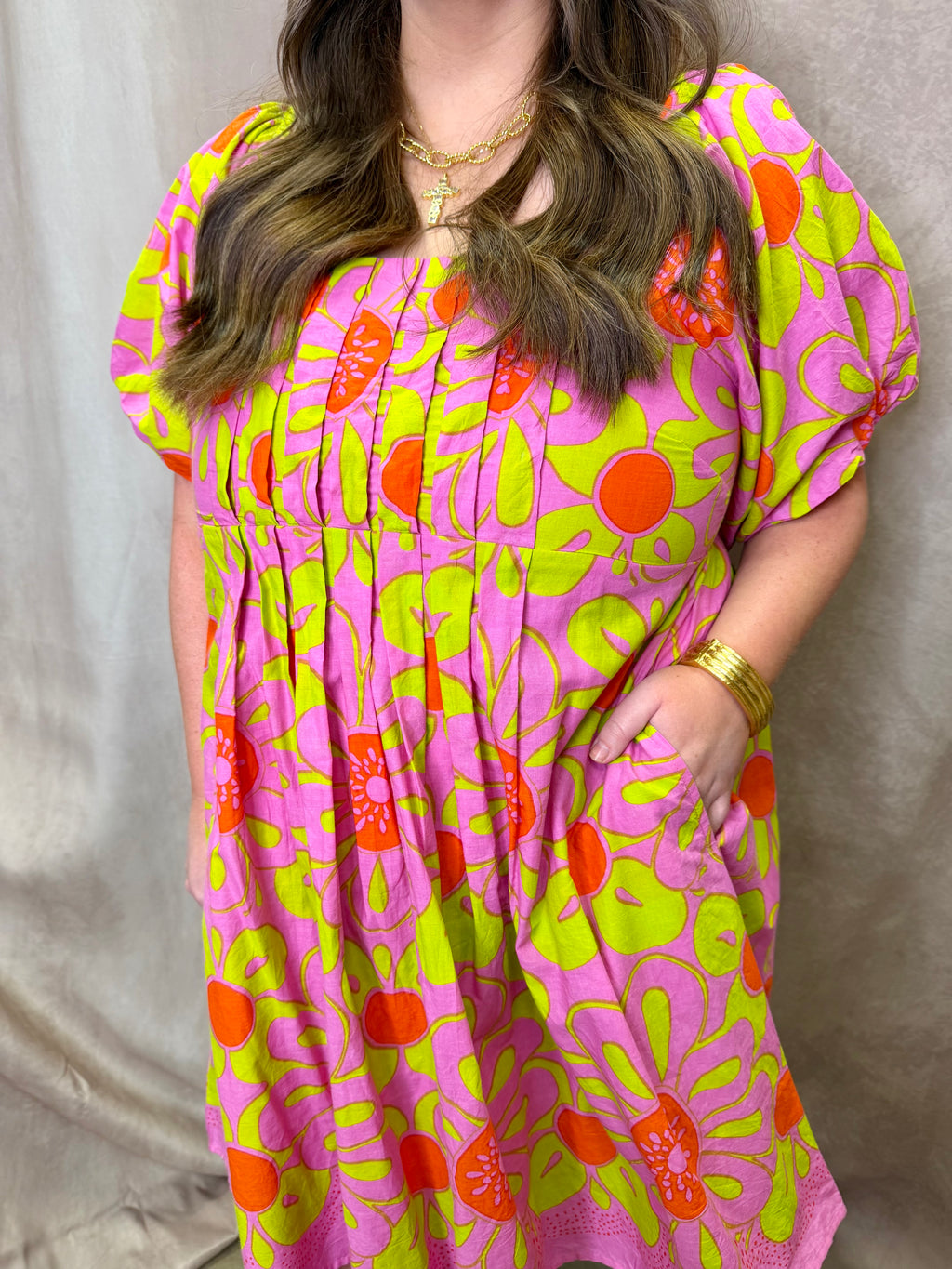 IJ Pop Flower Border Dress - Hot Pink