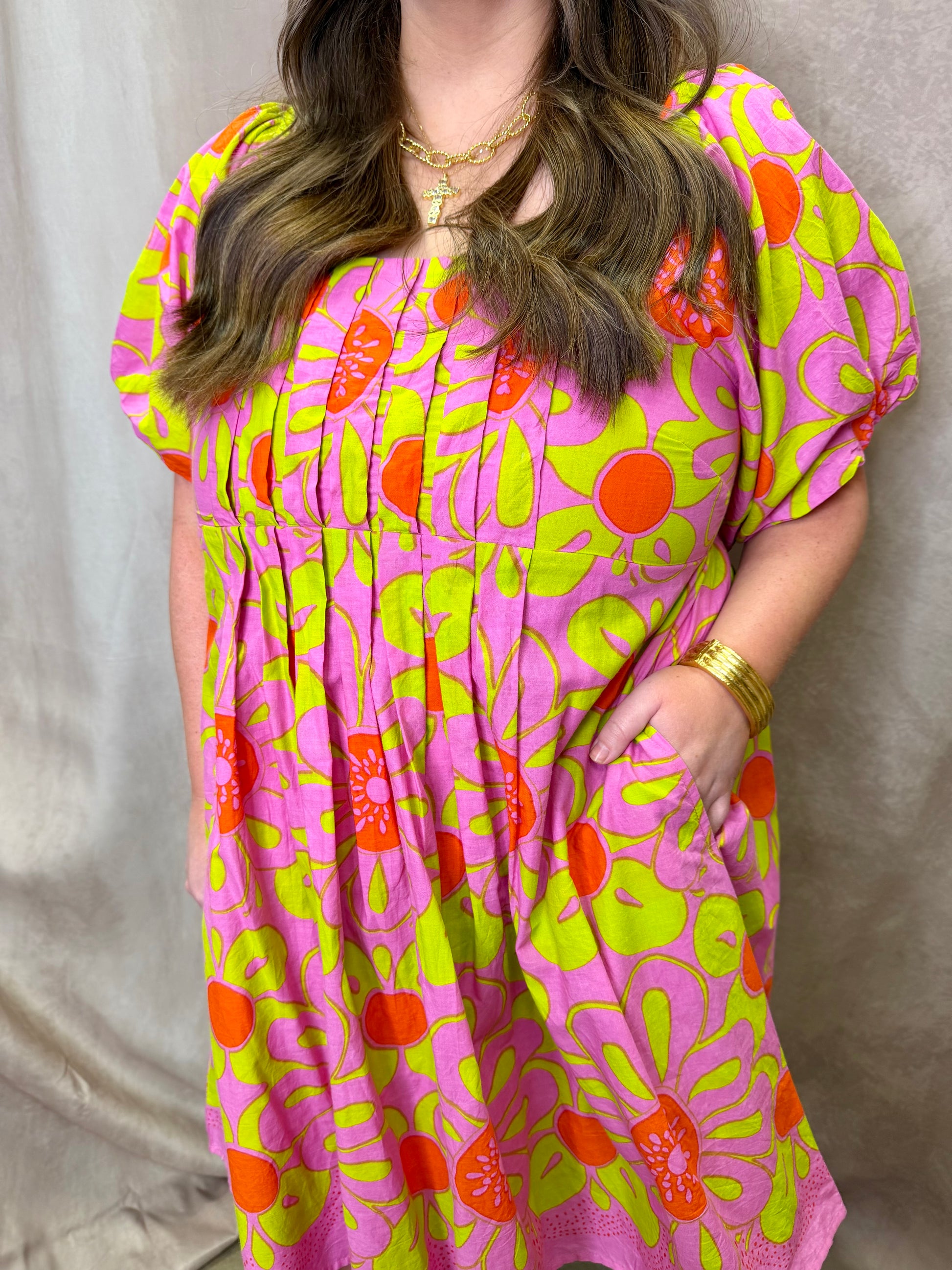 IJ Pop Flower Border Dress - Hot Pink