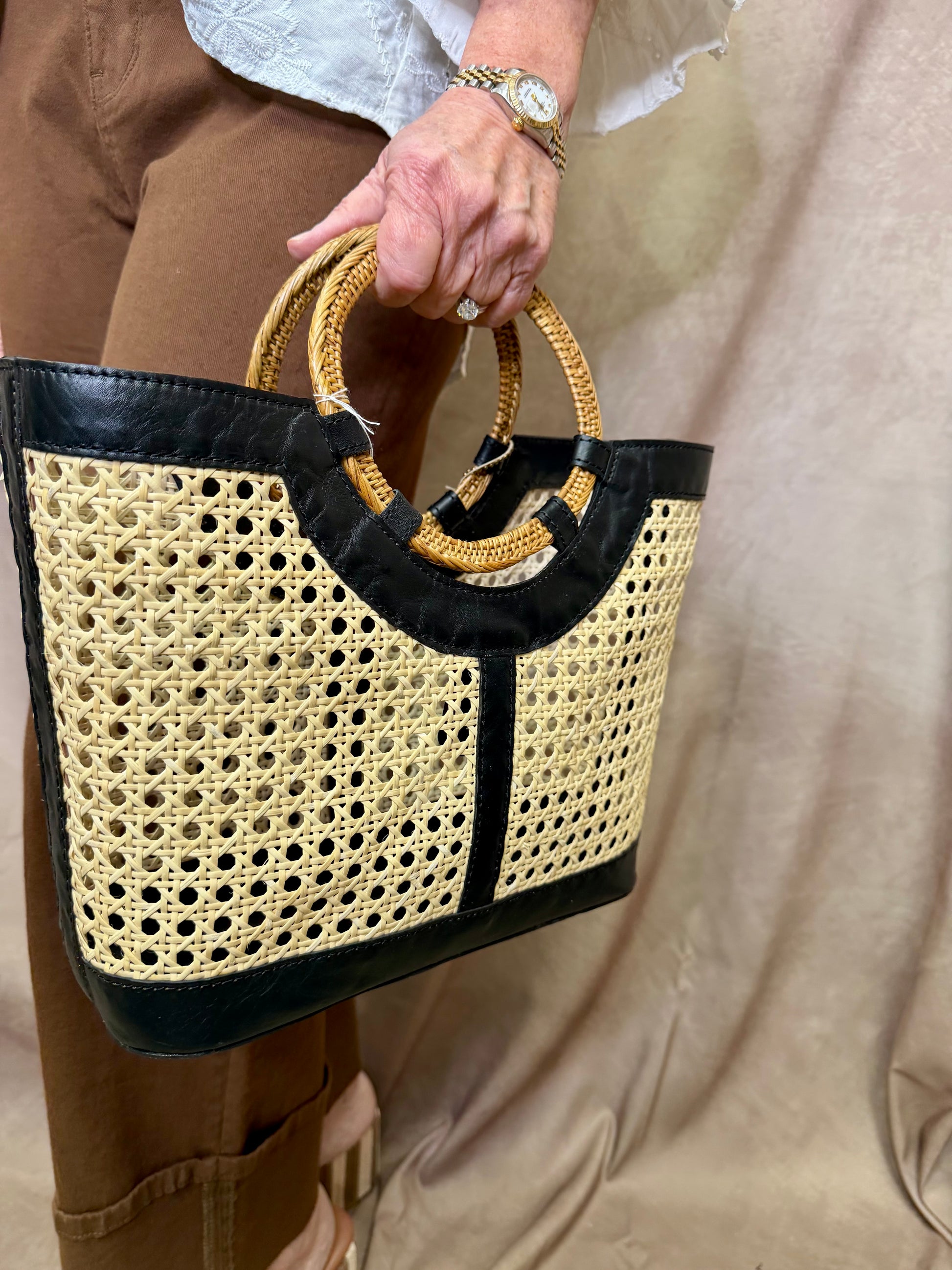 WR Rattan Cane Weave Tote w/ Black Leather Trim & Round Handle