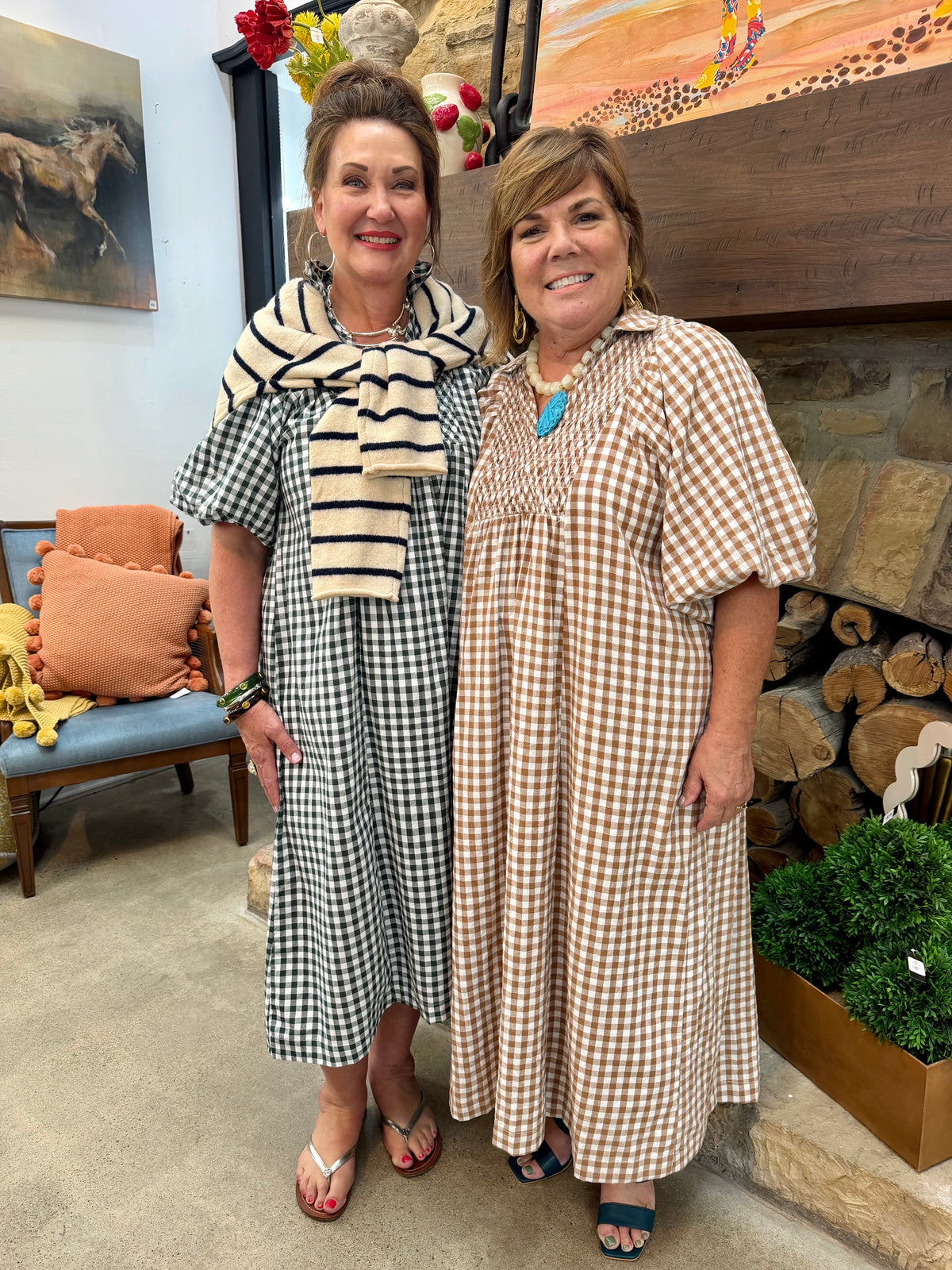 UM Puff Sleeve Plaid Midi Dress