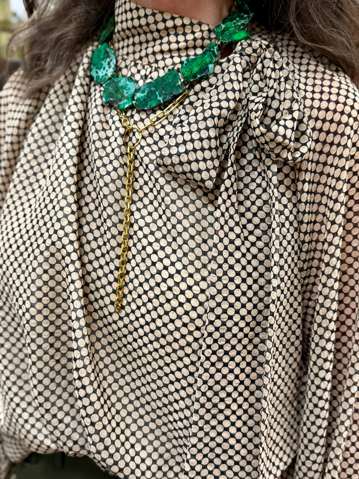 UM Dot Print Tie Neck Long Sleeve Blouse