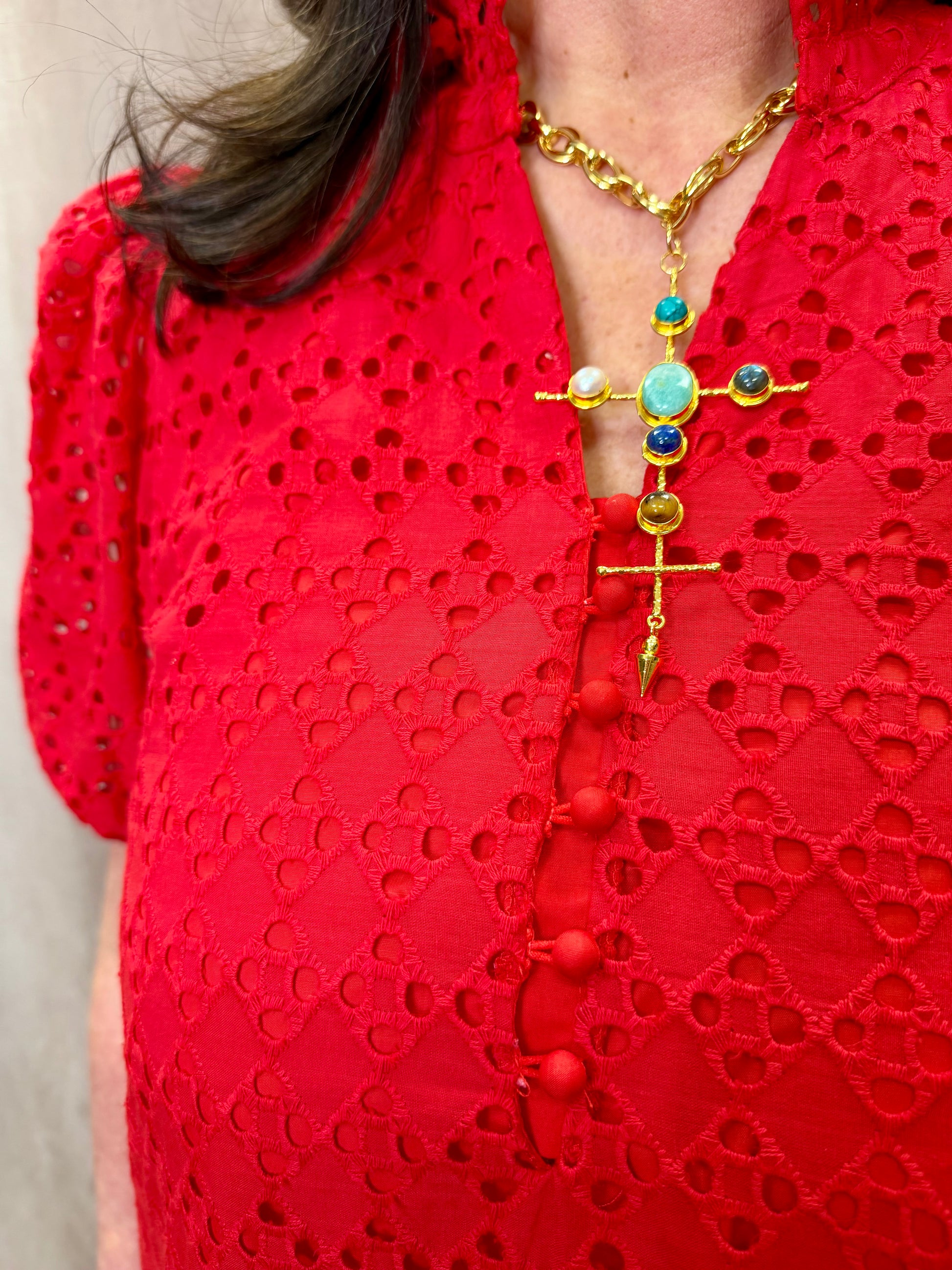 EE Lg Turquoise/Pearl Cross Necklace