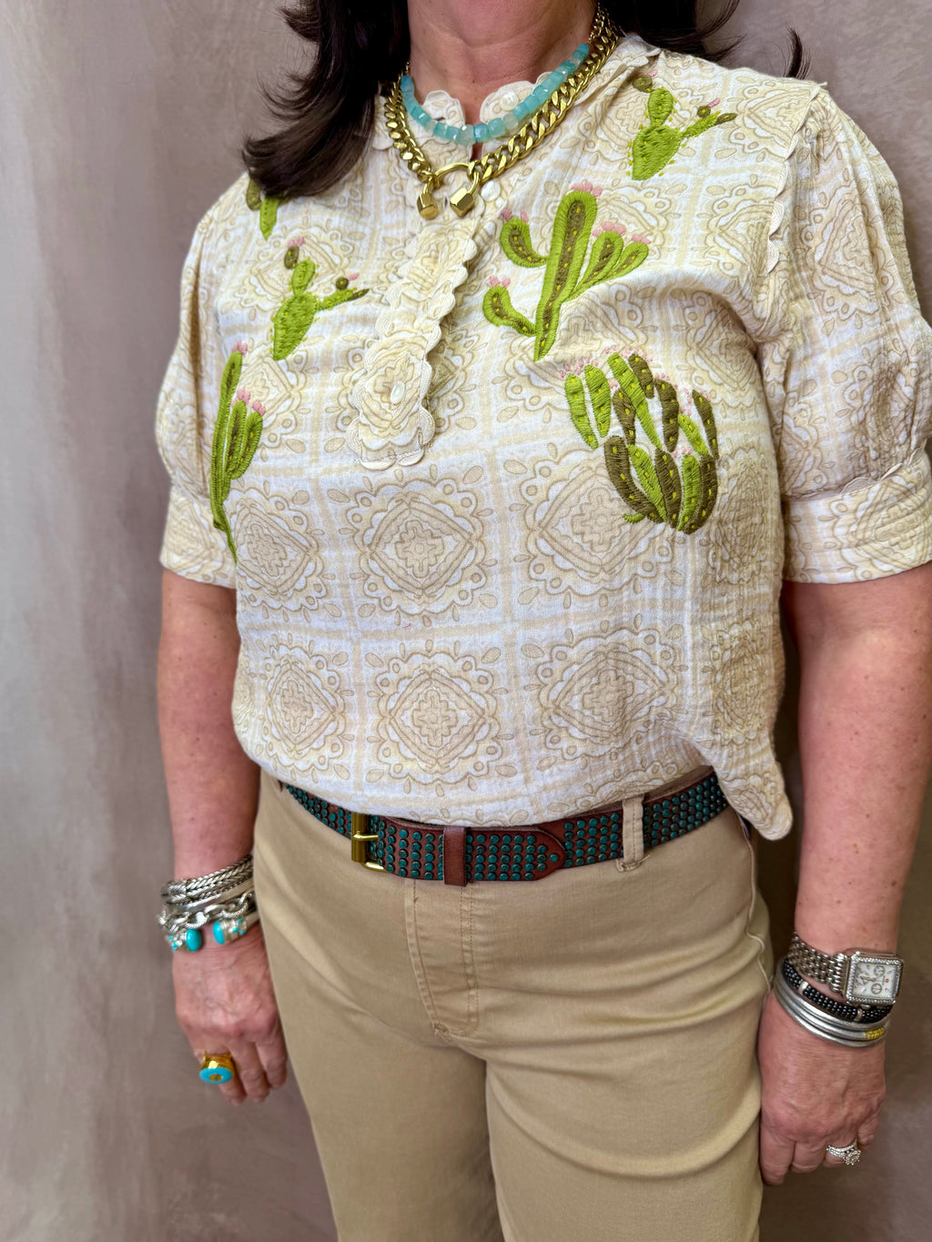 IJ Nopal Top w/ Green Embroidered Cactus