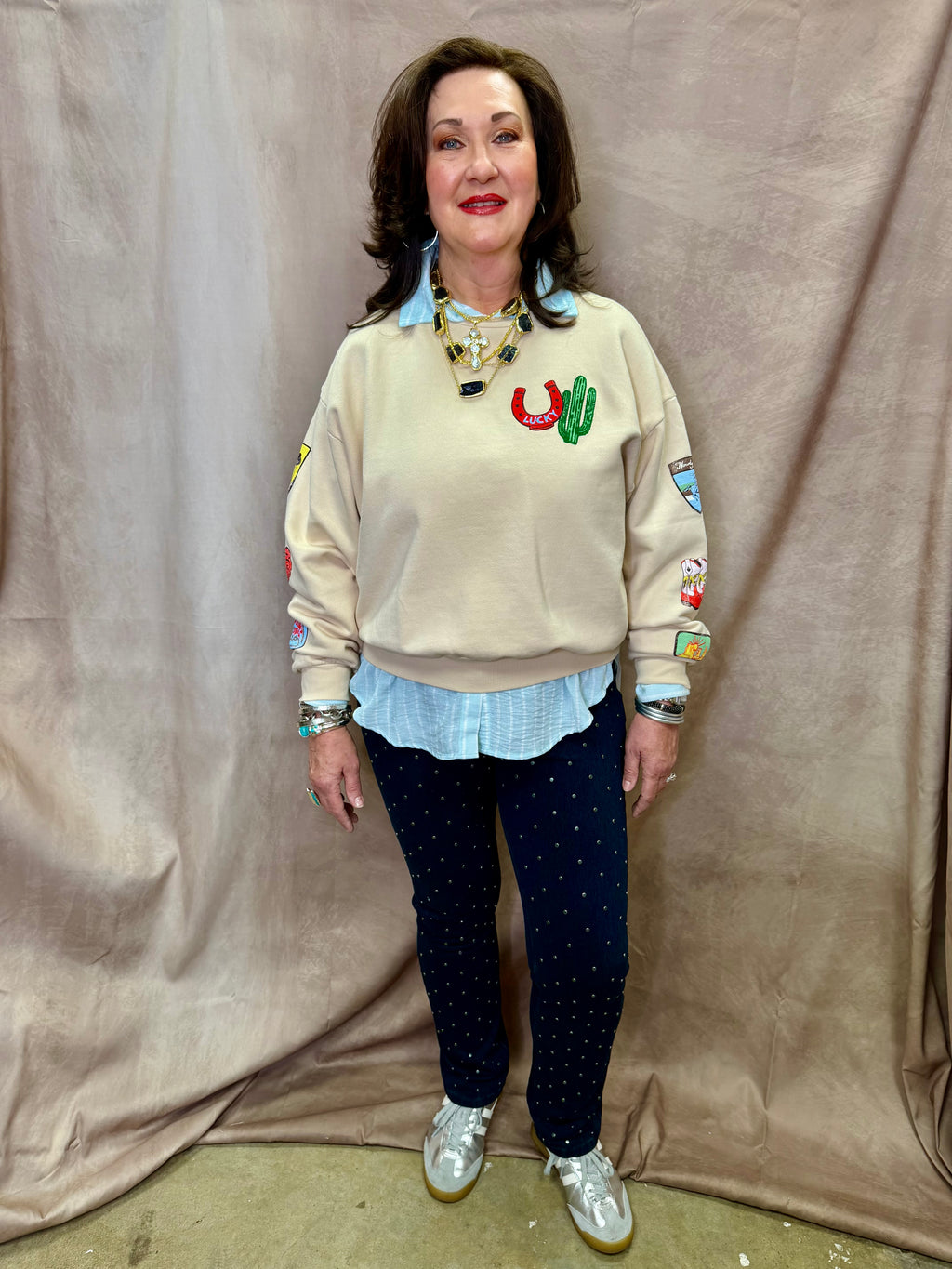 DD Western Patches Oversized Crew Sweatshirt- Sand Color